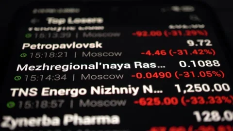 Screen with quotes of the falling Russian stock market. Crisis, crush, panic  Stock Footage 170921507