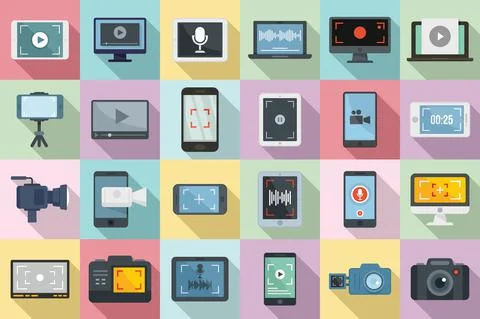 Screen recording icons set, flat style Illustrazione stock