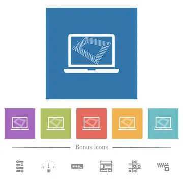 Screen saver on laptop flat white icons in square backgrounds Illustrazione stock