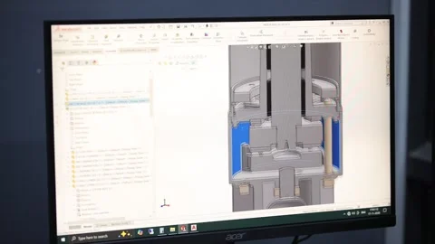 The screen shows an advanced 3D cutaway analysis of large industrial motor Video stock 328618554