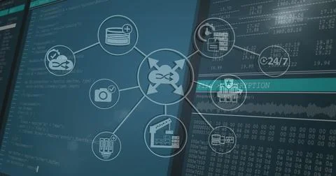 Screen shows data encryption and network security icons connected by lines 库存插图