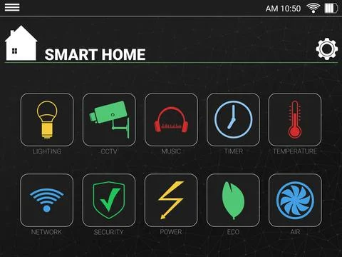 Screen of tablet with SMART HOME app, illustration. Automatic technology Stock Illustration