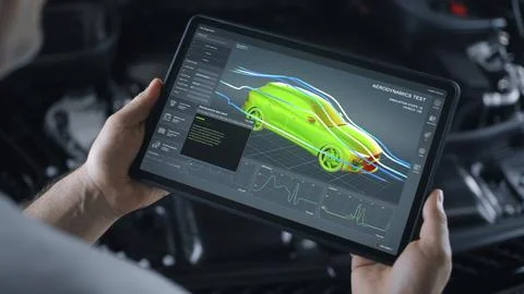 On screen tablet software for testing vehicle aerodynamics Stock Photos