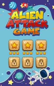 Screen template for alien attack game with astronaut flying in space backgrou Stock Illustration