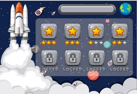 Screen template for computer game with spaceship in space background Stock Illustration