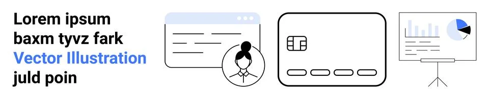 Screen with text, card layout, user profile circle, and graph board with data Stock Illustration