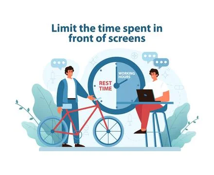 Screen Time Management Illustration. A focused man on a laptop balances work. Stock Illustration