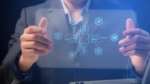 On the screen of a transparent tablet there are simulations of artificial Stock Footage 263895996