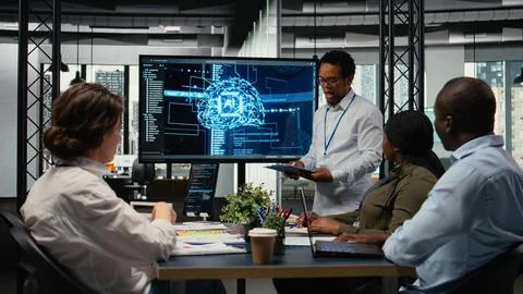 Screen used by admin in office to show presentation on AI 写真素材