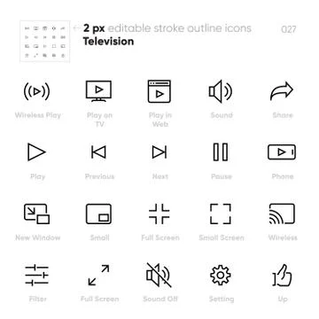 Screen Video Control outline vector icons. TV, Full Screen, Phone, Web Stock Illustration