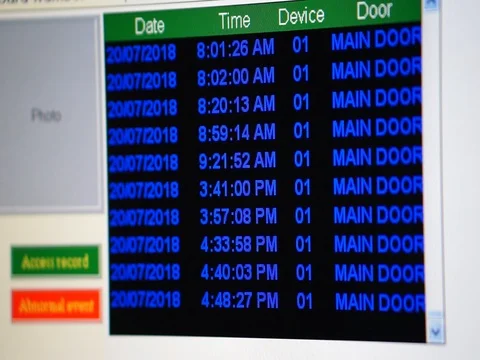 The screen view shows the collection of employee date and time data. Stock Footage 93308380
