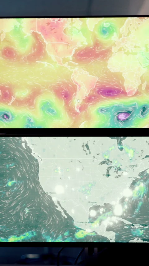 Screen, weather and empty room for climate with data, digital map and clouds for Stock Footage 335317967