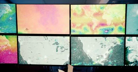 Screen, weather and satellite with pattern in monitor, broadcast news or maps Stock Photos