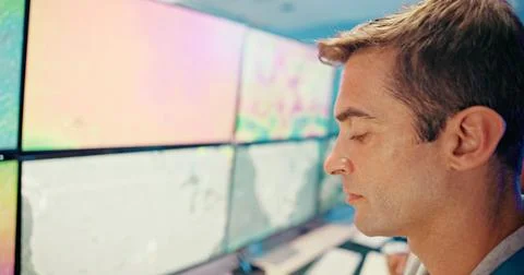 Screen, weather or man on computer for maps for news, research or data center in Stock Photos