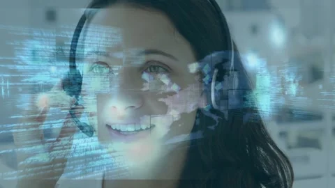 Screens with data processing against caucasian female customer care executive Stock Footage 330336579