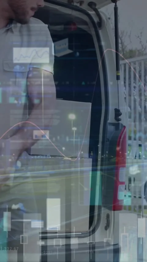 Screens with data processing against caucasian delivery man stacking delivery Stock Footage 342650458