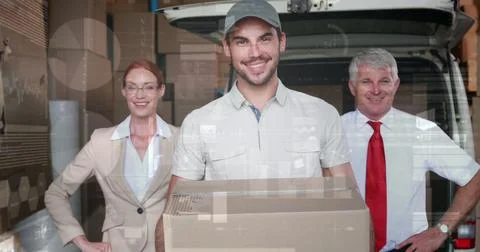 Screens with data processing against caucasian delivery man and male and female Illustrazione stock