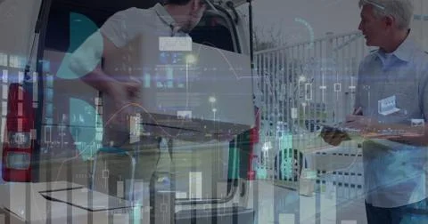 Screens with data processing against caucasian delivery man stacking delivery Stock Illustration