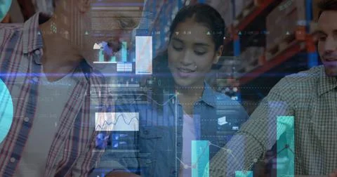 Screens with data processing against male and female volunteers opening donation Illustrazione stock