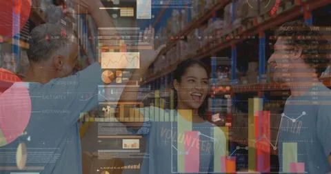 Screens with data processing against male and female volunteers high fiving each Stock Illustration