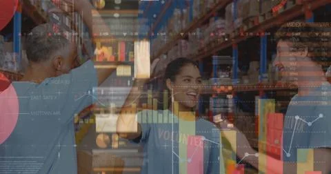 Screens with data processing against male and female volunteers high fiving each Stock Illustration