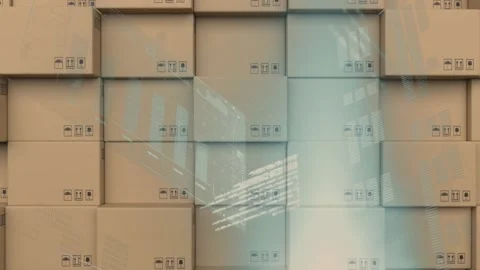 Screens with data processing against stack of delivery boxes moving Stock Footage 157930781