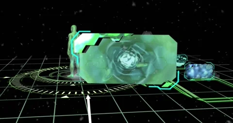Screens with data processing and human body model over a round scanner against Stock Footage 330728073
