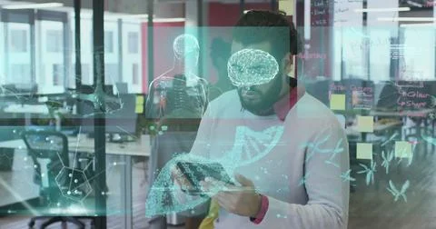 Screens with medical data processing against portrait of hispanic man using Stock Photos