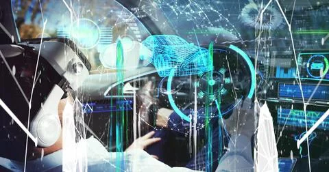 Screens of network of connections and data processing over man wearing a vr Stock Photos