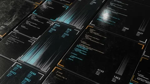 Screens of programming code on black background, seamless loop. Animation Stock Footage 146141292