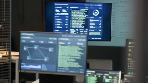 Screens with Programming Codes and Network Analysis in Control Center 스톡 동영상 334935332