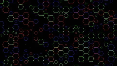 Screensaver of colored pulsating hexagons on a black background. Seamless loop. Stock Footage 130452722
