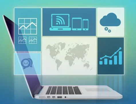 Screenshot transparent laptop screen with graphics and icons Stock Illustration
