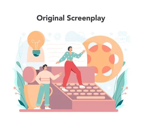 Screenwriter concept. Person create a screenplay for movie. Illustrazione stock