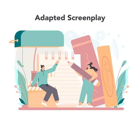Screenwriter concept. Person create a screenplay for movie. Illustrazione stock