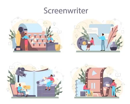 Screenwriter concept set. Person create a screenplay for movie. Author Illustrazione stock