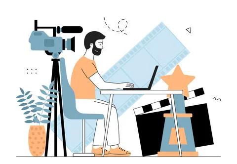 Screenwriter man with laptop. Young guy near camera and tickets. Production of Stock Illustration