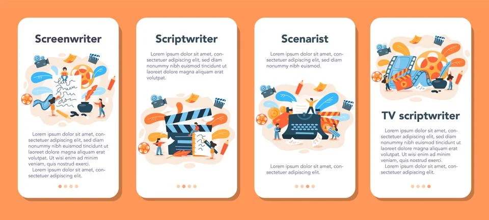 Screenwriter mobile application banner set. Person create a screenplay Stockillustratie