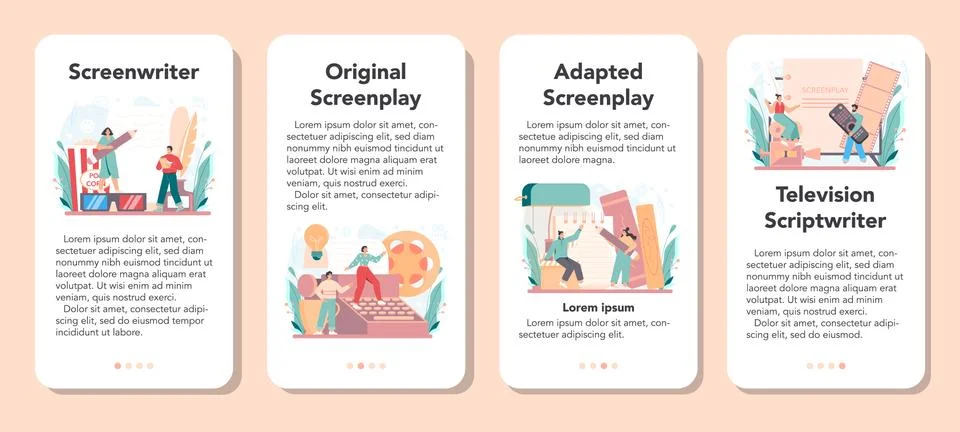 Screenwriter mobile application banner set. Person create a screenplay Stock Illustration