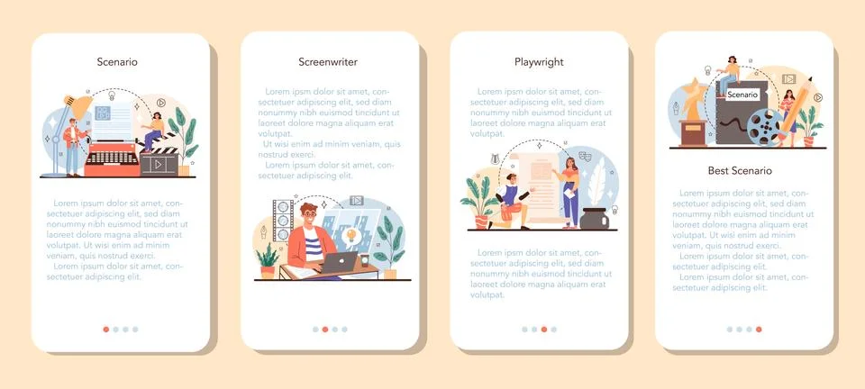 Screenwriter mobile application banner set. Playwright create a screenplay Stock Illustration