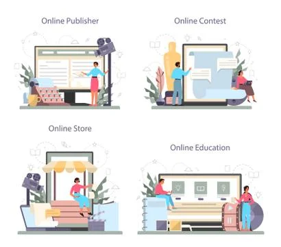Screenwriter online service or platform set. Person create a screenplay Illustrazione stock