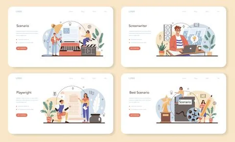 Screenwriter online service or platform set. Playwright create a screenplay Stock Illustration