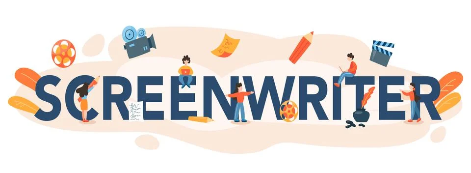 Screenwriter typographic header. Person create a screenplay for movie. Illustrazione stock