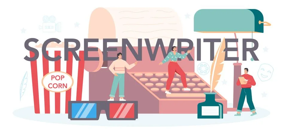 Screenwriter typographic header. Person create a screenplay for movie. Illustrazione stock