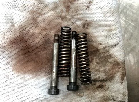 Screw and spring with rusty condition on isolated white background. Stock Photos