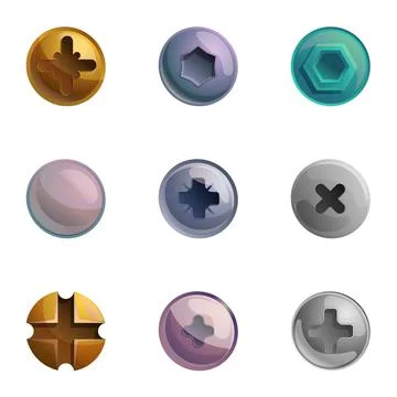 Screw bolt head icon set, cartoon style Ilustração Stock