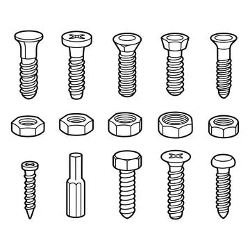 Screw Bolt Nut Hardware Fastener Set Outline Vector Mechanical Stock Illustration