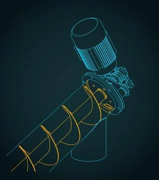 Screw conveyor and internal structure mechanism close-up isometric blueprint Stock-Illustration