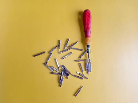 The screw-driver with a set of various nozzles. Interchangeable screwdriver.. Stock Photos