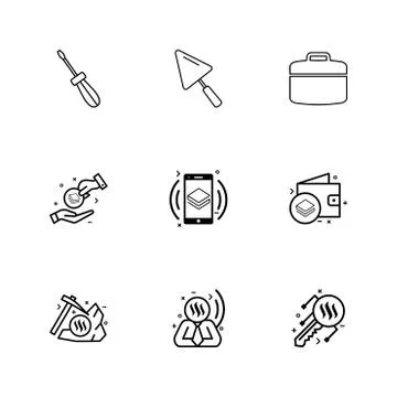 Screw driver , spade , breifcase , crypto currency , stratis , money, coins , Stock Illustration